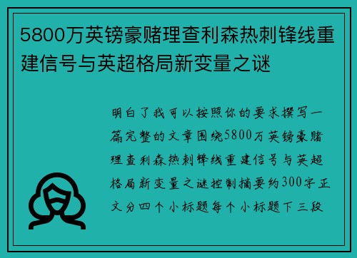 5800万英镑豪赌理查利森热刺锋线重建信号与英超格局新变量之谜